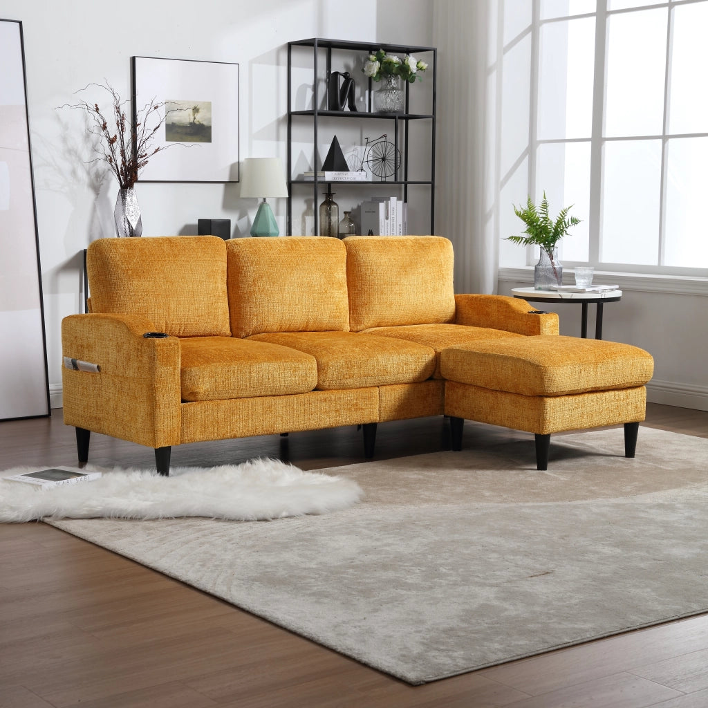 Divano 4 Posti con Poggiapiedi e Contenitore ¨C MINIMAL ¨C Velluto, Braccioli, Portabicchieri
