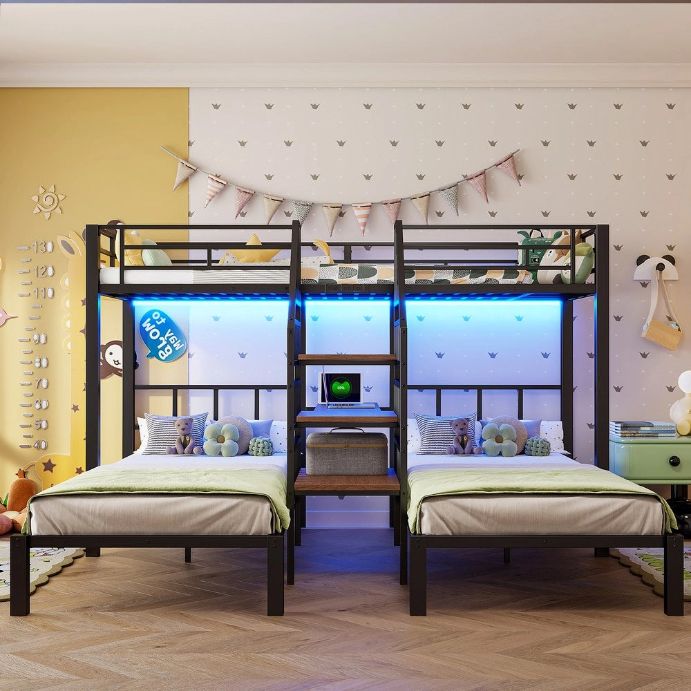 Letto a Castello 3 Posti con Scrivania e Scaffale ¨C Xylo ¨C Nero, LED, USB, 90x200