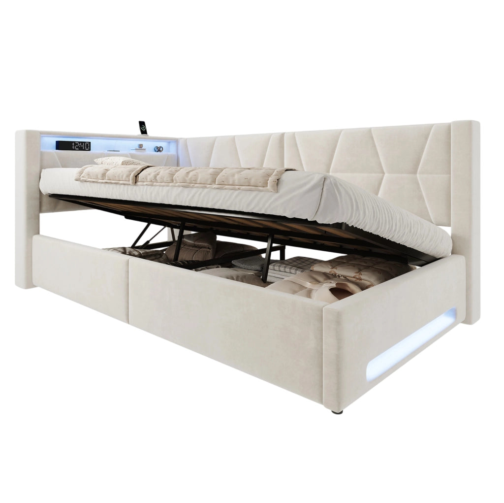 Letto imbottito 90x200 cm con contenitore, LED, USB e Type-C, velluto beige