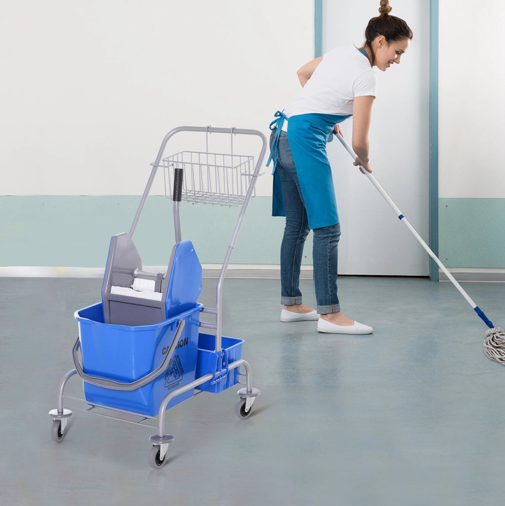 Carrello pulizie professionale con secchio da 25 L, strizzatore e 4 ruote, blu