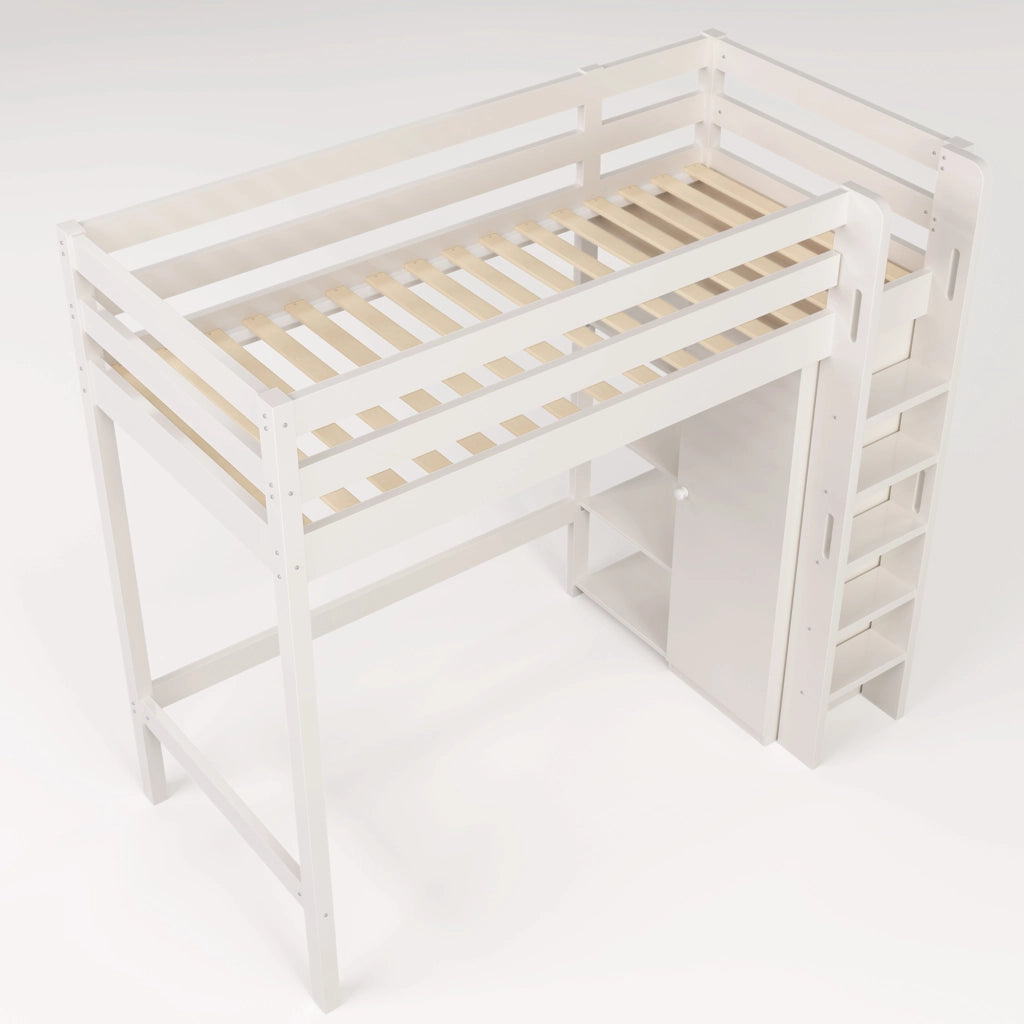 Letto a soppalco per bambini 90x200 cm; bianco con armadio e 6 scaffali