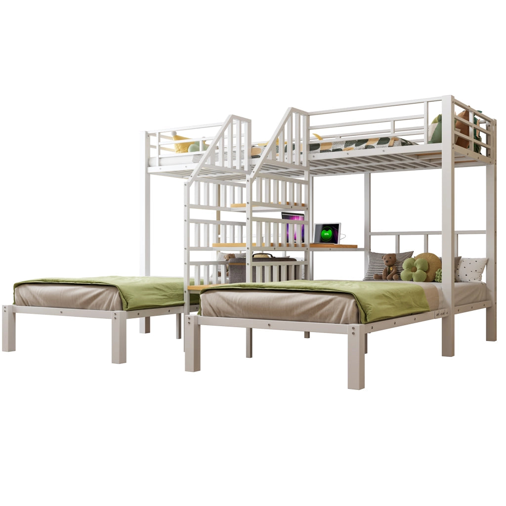Letto a castello triplo 90 × 200 cm con LED, scala contenitore, scrivania e prese USB