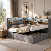 Letto per bambini con contenitore idraulico in velluto grigio con LED USB e porta type-c