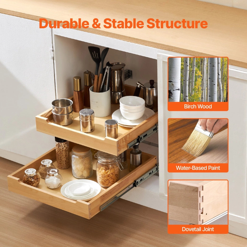 Ripiano Estraibile a 2 Ripiani per Mobile Cucina 350 x 533 mm con Chiusura Ammortizzata, Organizzatore Regolabile e Salvaspazio