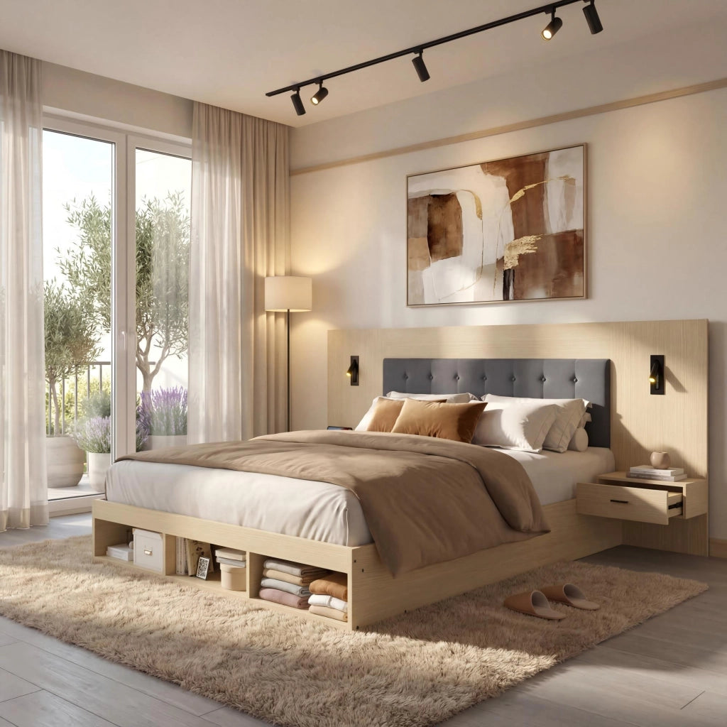 Letto matrimoniale in legno con USB, LED e 2 comodini, 180x200 cm, quercia chiara