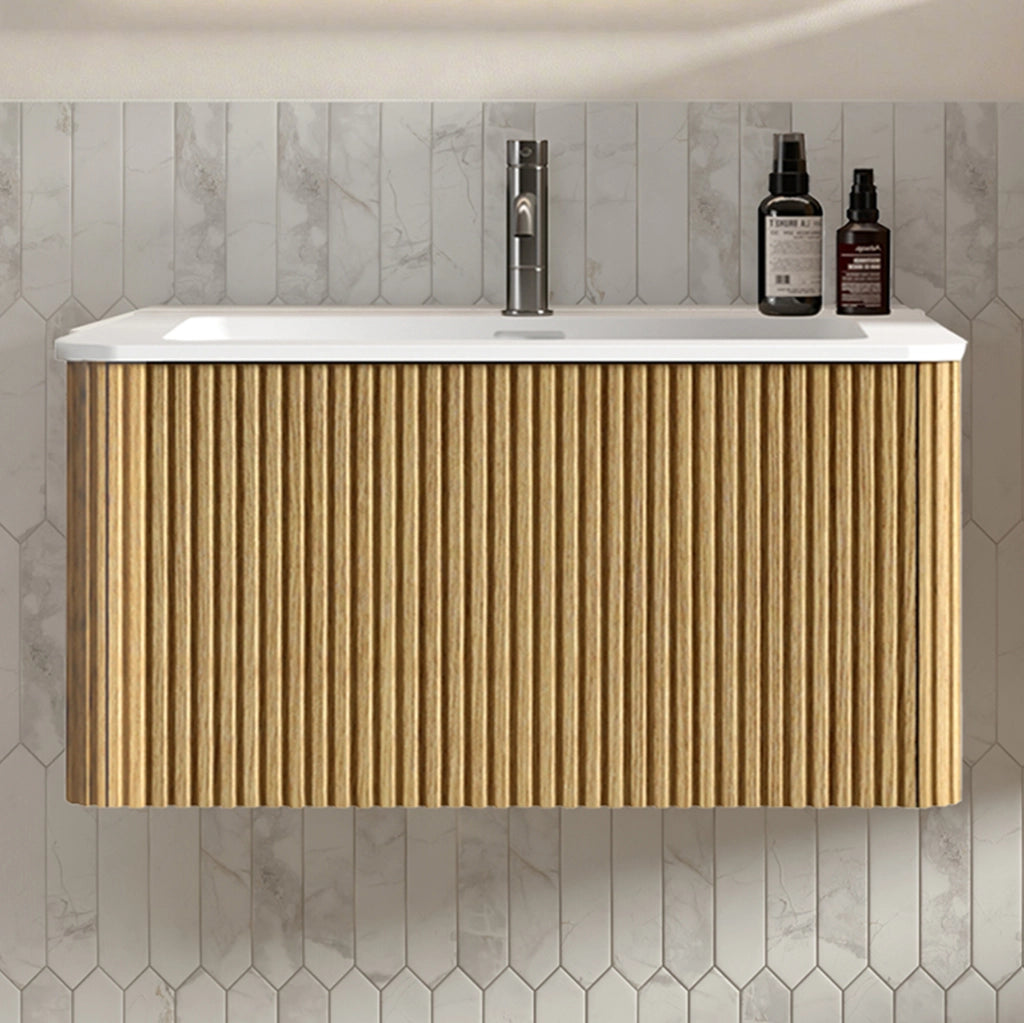 Mobile bagno con lavabo 80 cm con base sospesa, design moderno effetto rovere, cassetti push-to-open, preassemblato