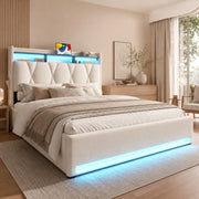Letto matrimoniale 160x200 cm in velluto beige con LED, USB Type-C e contenitore
