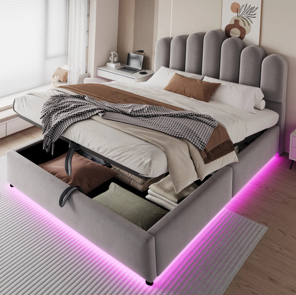 Letto imbottito contenitore 140x200 cm in velluto grigio con LED e testiera imbottita