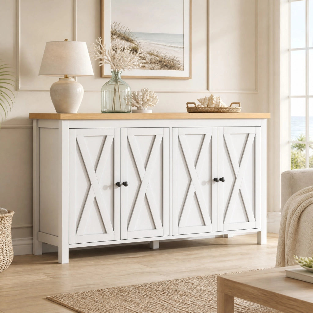 Sideboard bianco con 4 ante; 140x40x78 cm in MDF