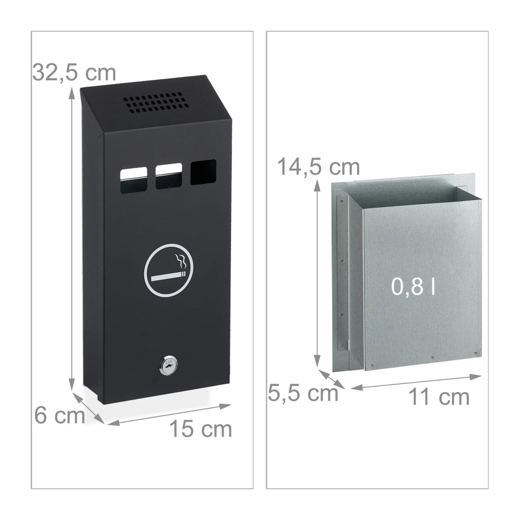 Pratico posacenere da parete chiudibile a chiave per esterni con contenitore rimovibile 30 x 10 x 10 cm in metallo nero 13_0015000