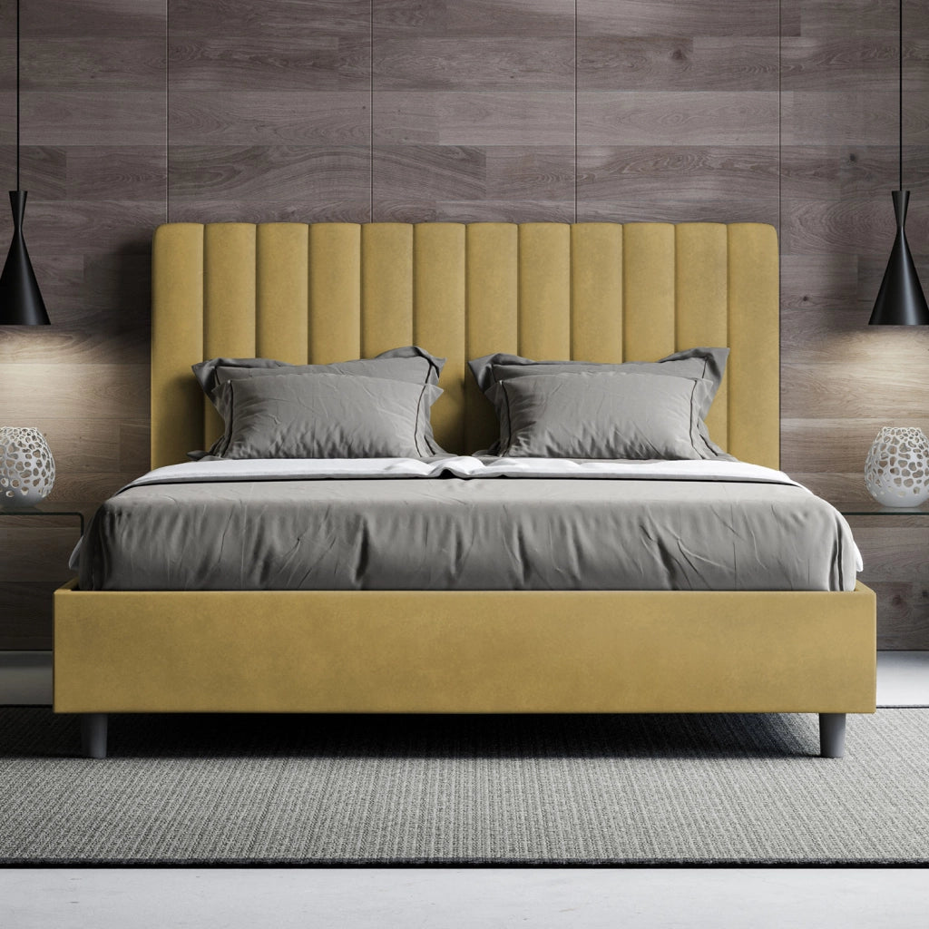 Letto 1 Piazza E Mezzo 130x190 cm con Rete Imbottito in Microfibra Agueda Ocra