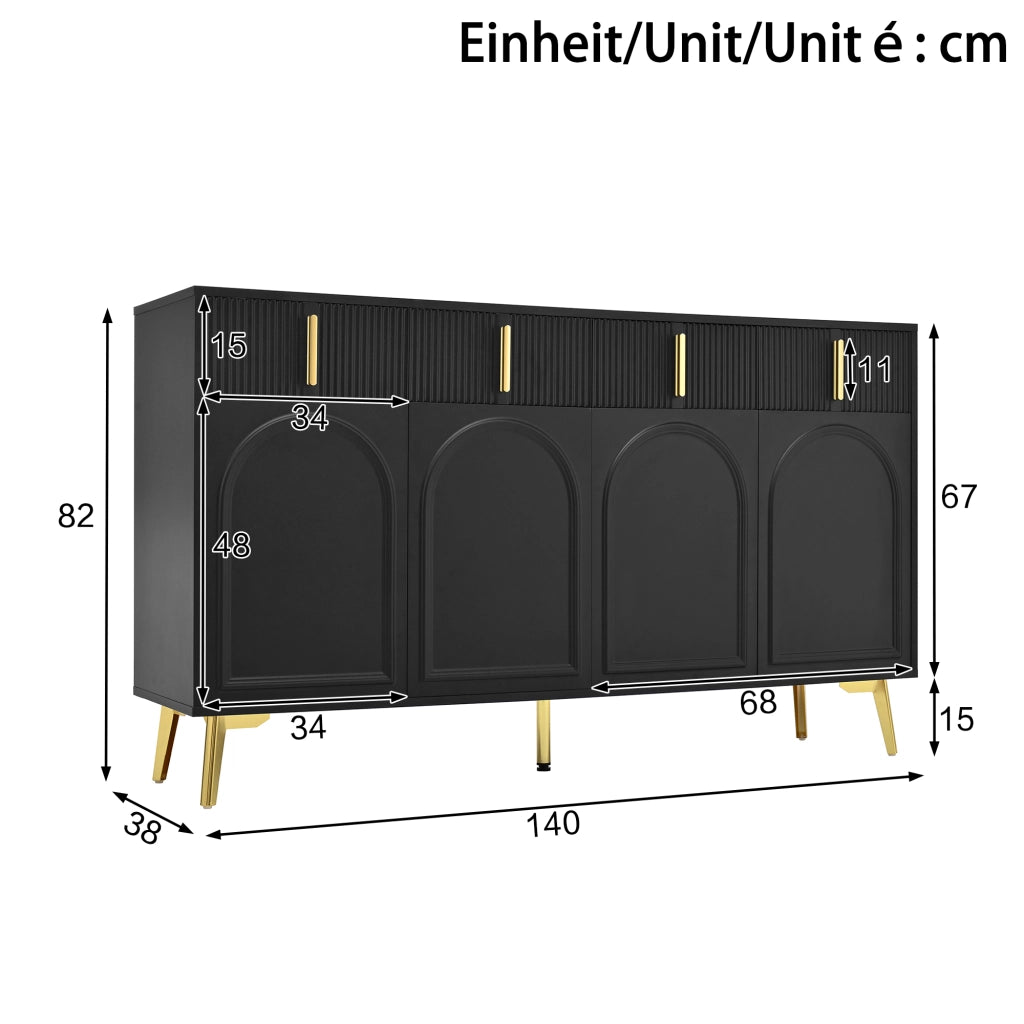 Sideboard con 4 ante e 4 cassetti; ripiani regolabili; 140x38x82 cm; nero