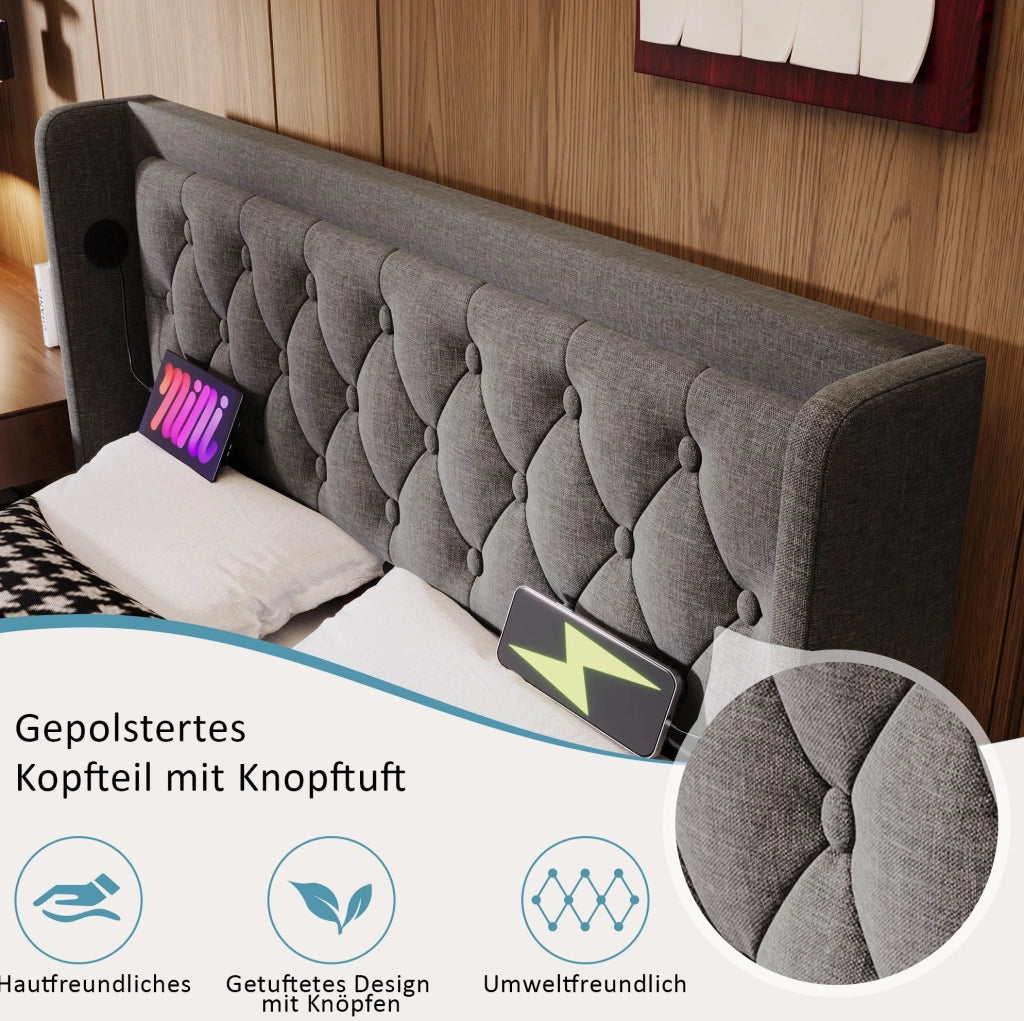 LETTO contenitore 160x200 cm in cotone grigio con LED, USB, Type-C e materasso