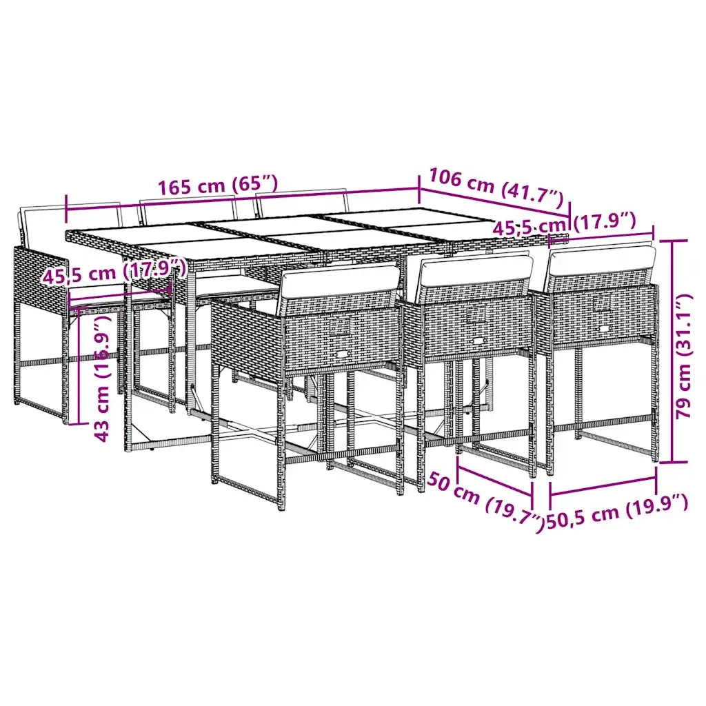 Set da Pranzo da Giardino 7 pz con Cuscini in Polyrattan Grigio