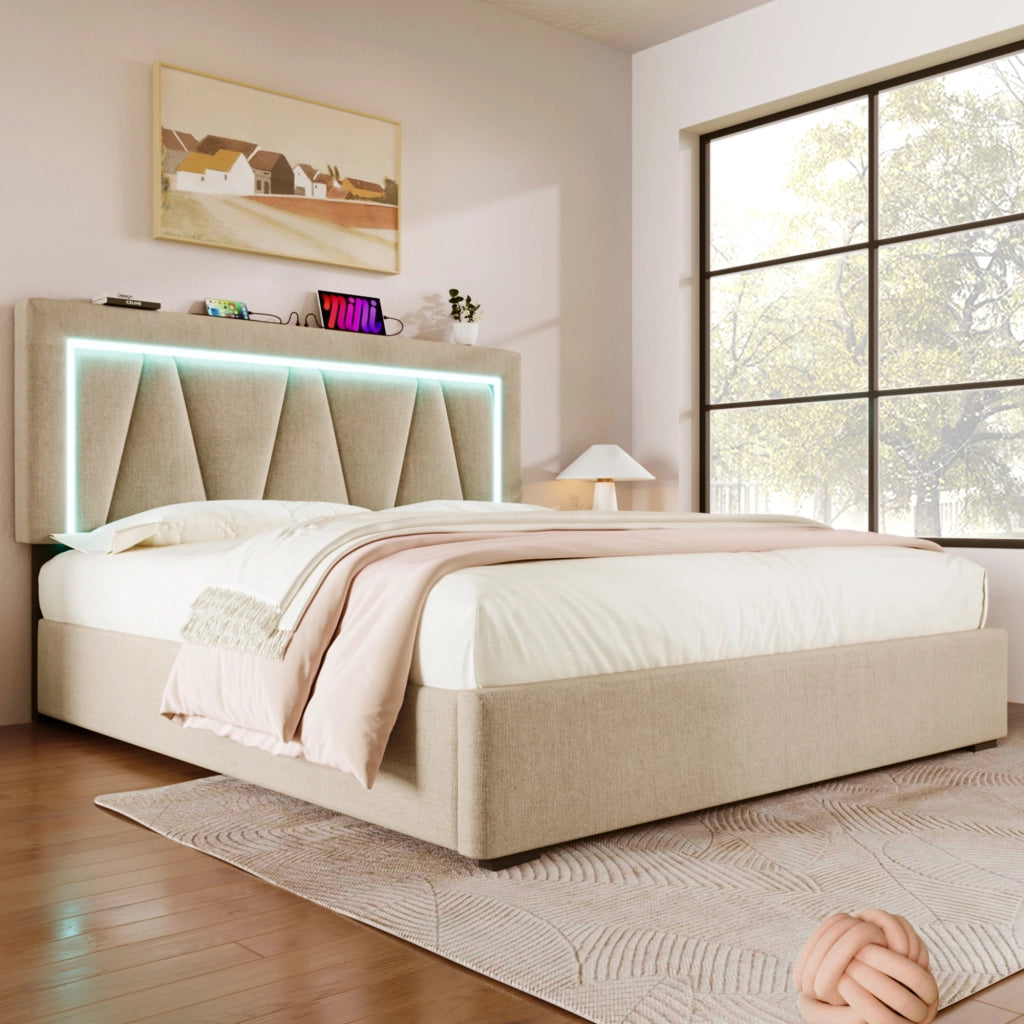 Letto matrimoniale 160x200 imbottito con LED e contenitore; prese USB e Type C; testiera regolabile; in lino grigio/beige per camera da letto