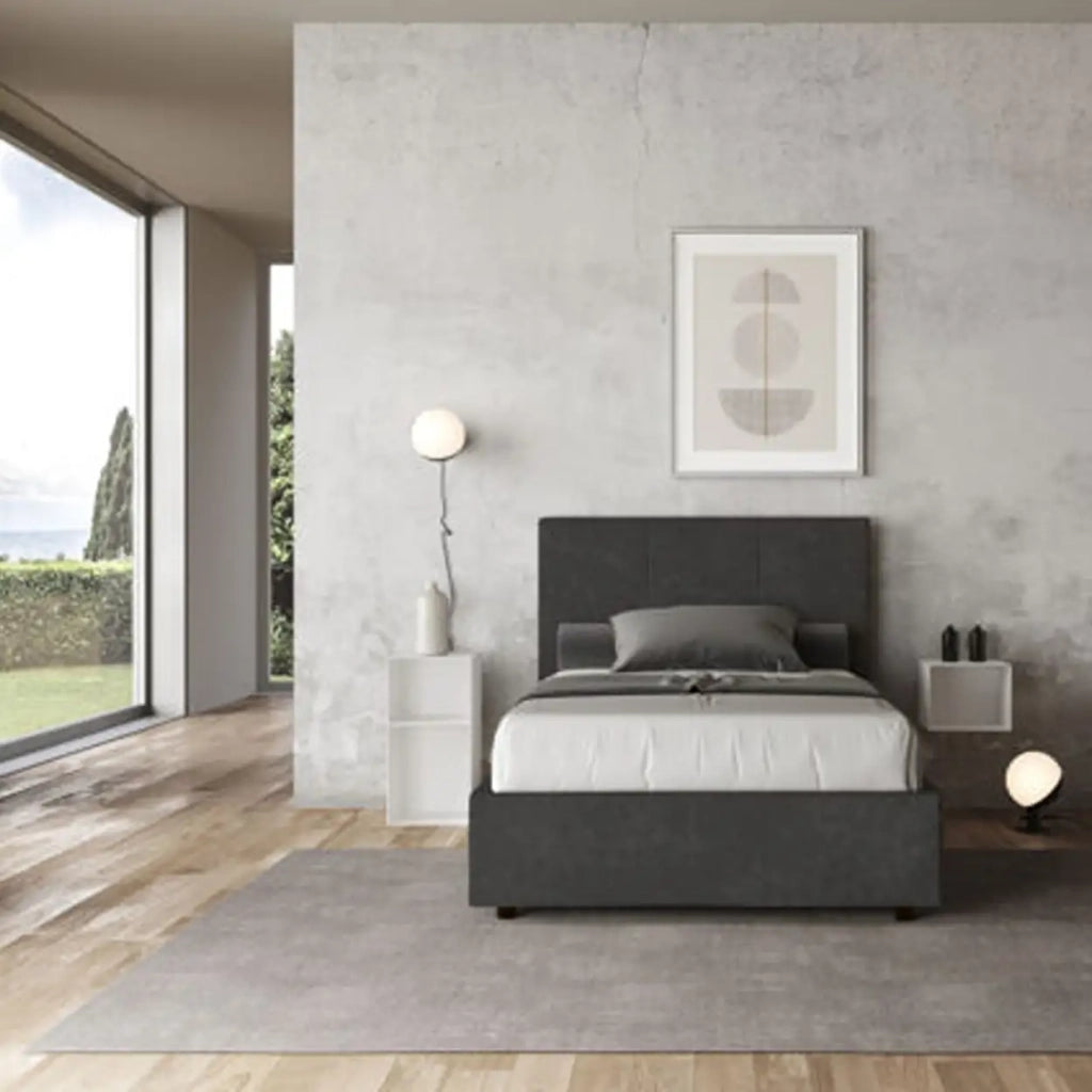 Letto una piazza e mezza senza rete imbottito 120x210 microfibra grigio Mika
