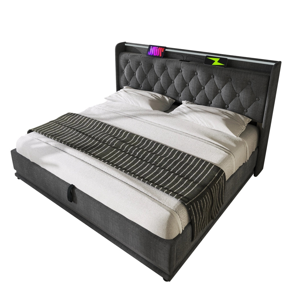 Letto imbottito grigio 140x190 cm con contenitore e illuminazione LED