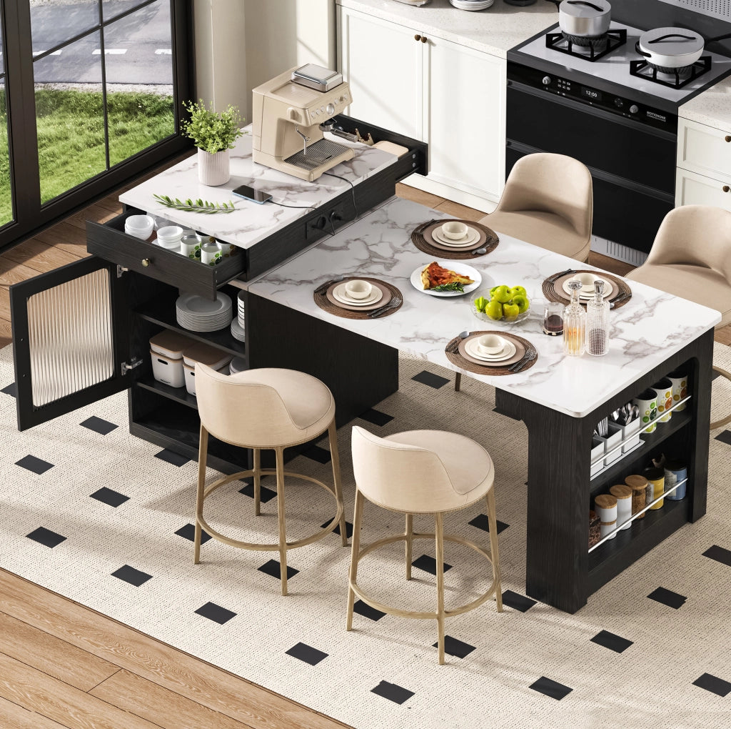 Tavolo da cucina estensibile con prese e ruote, bianco e nero