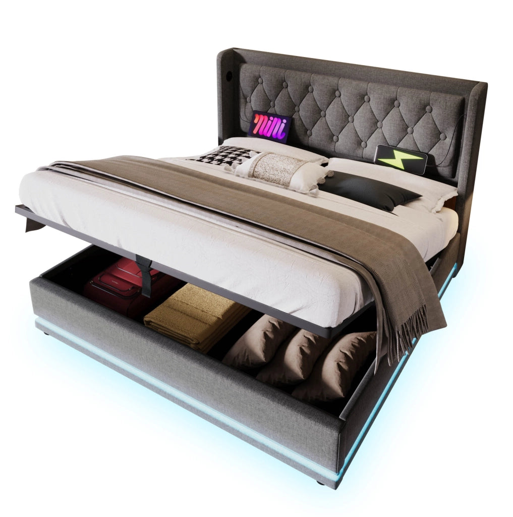Letto matrimoniale contenitore 160x200 cm in cotone grigio con LED; USB e Type-C