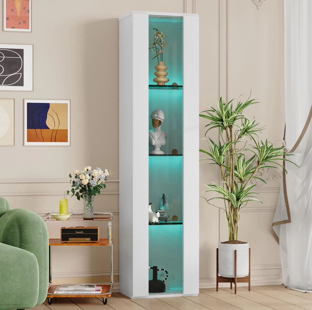 Vetrina multifunzionale bianca 40 x 29 x 170 cm con 4 livelli, illuminazione LED RGB controllata da app e montaggio a parete