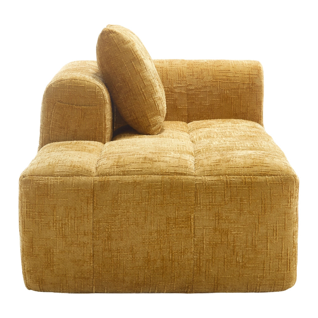 Divano chaise lounge imbottito in chenille giallo, con cuscino e tasche laterali, design moderno
