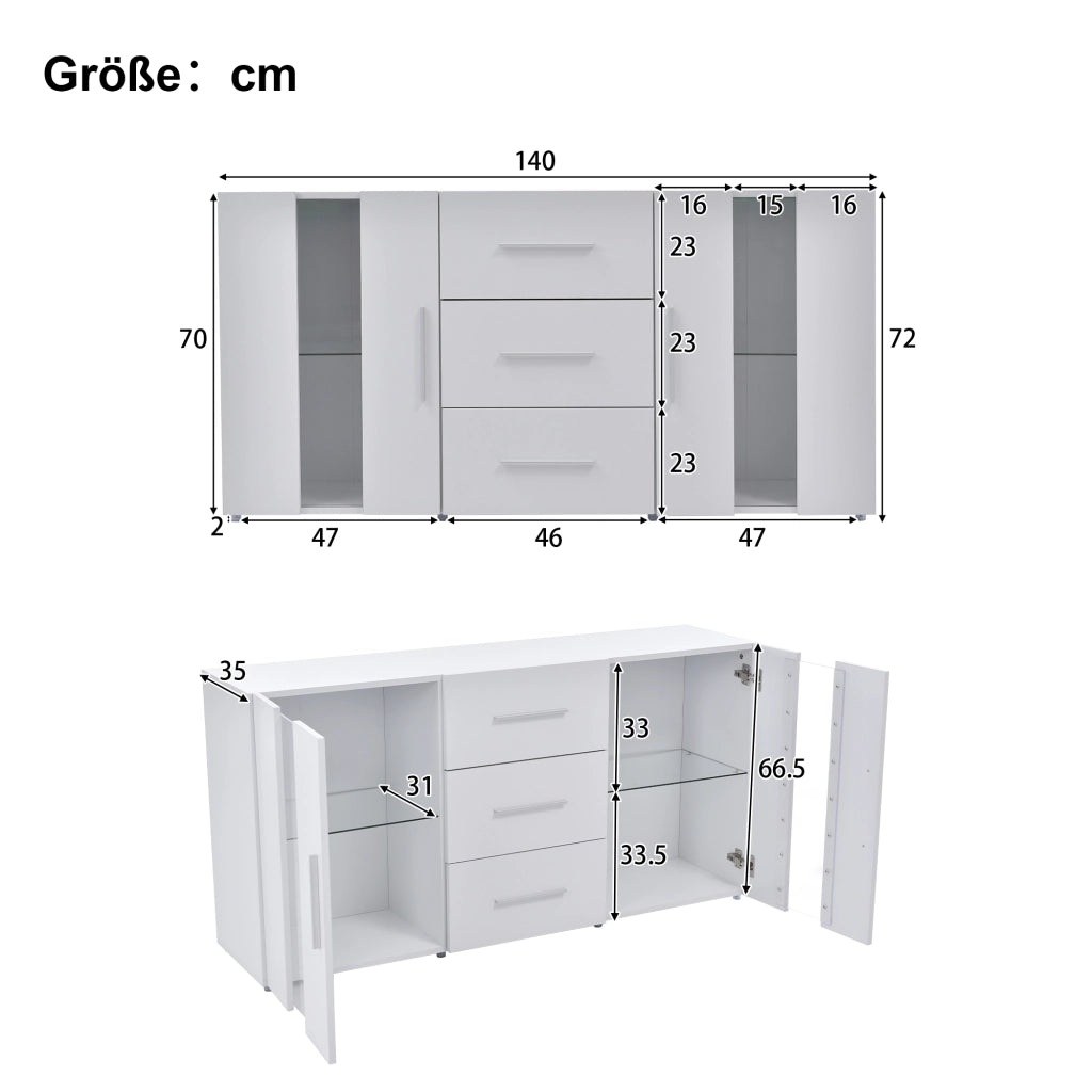Credenza moderna con LED e USB 140x35x70 cm; bianco