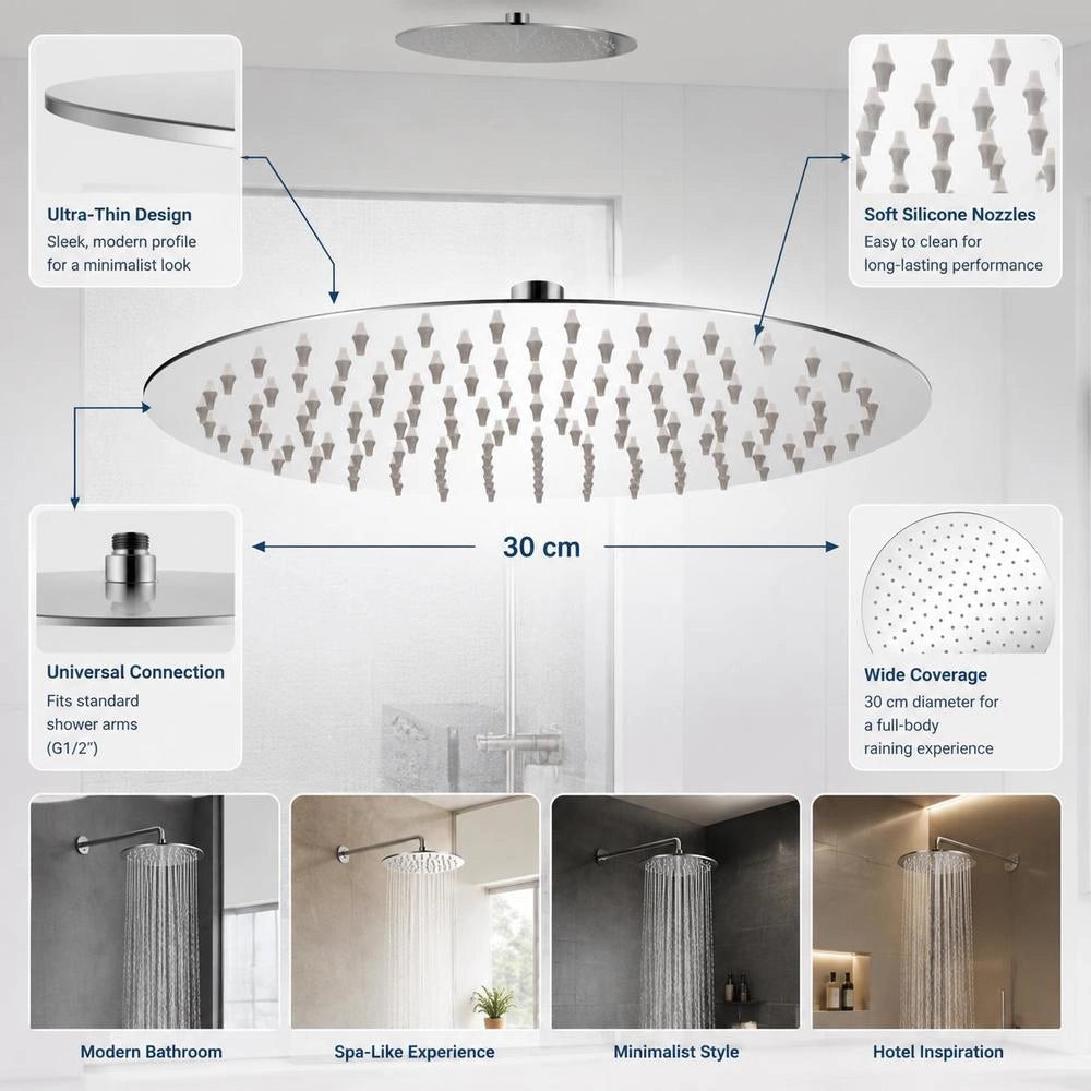 Stainless Steel Rain Shower Head, 30 Cm Round