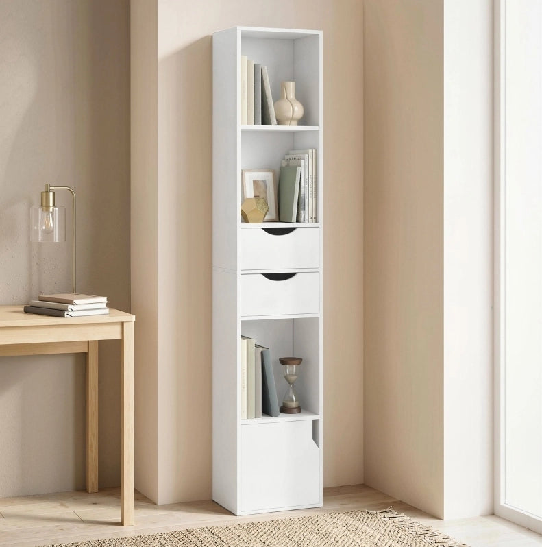 Libreria sottile bianca con 2 cassetti e 3 ripiani aperti 30x24x158 cm per ufficio e camera da letto