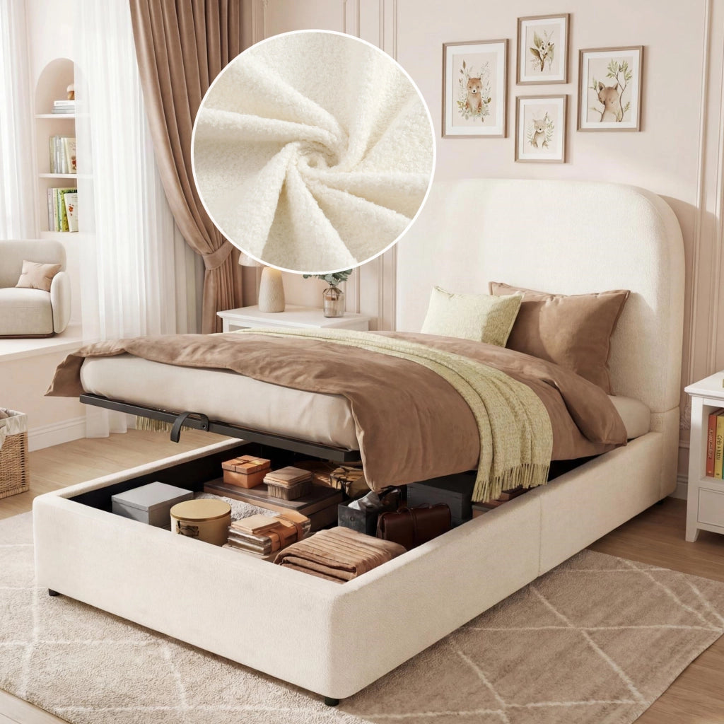 letto imbottito bouclé beige 90 x 200 cm