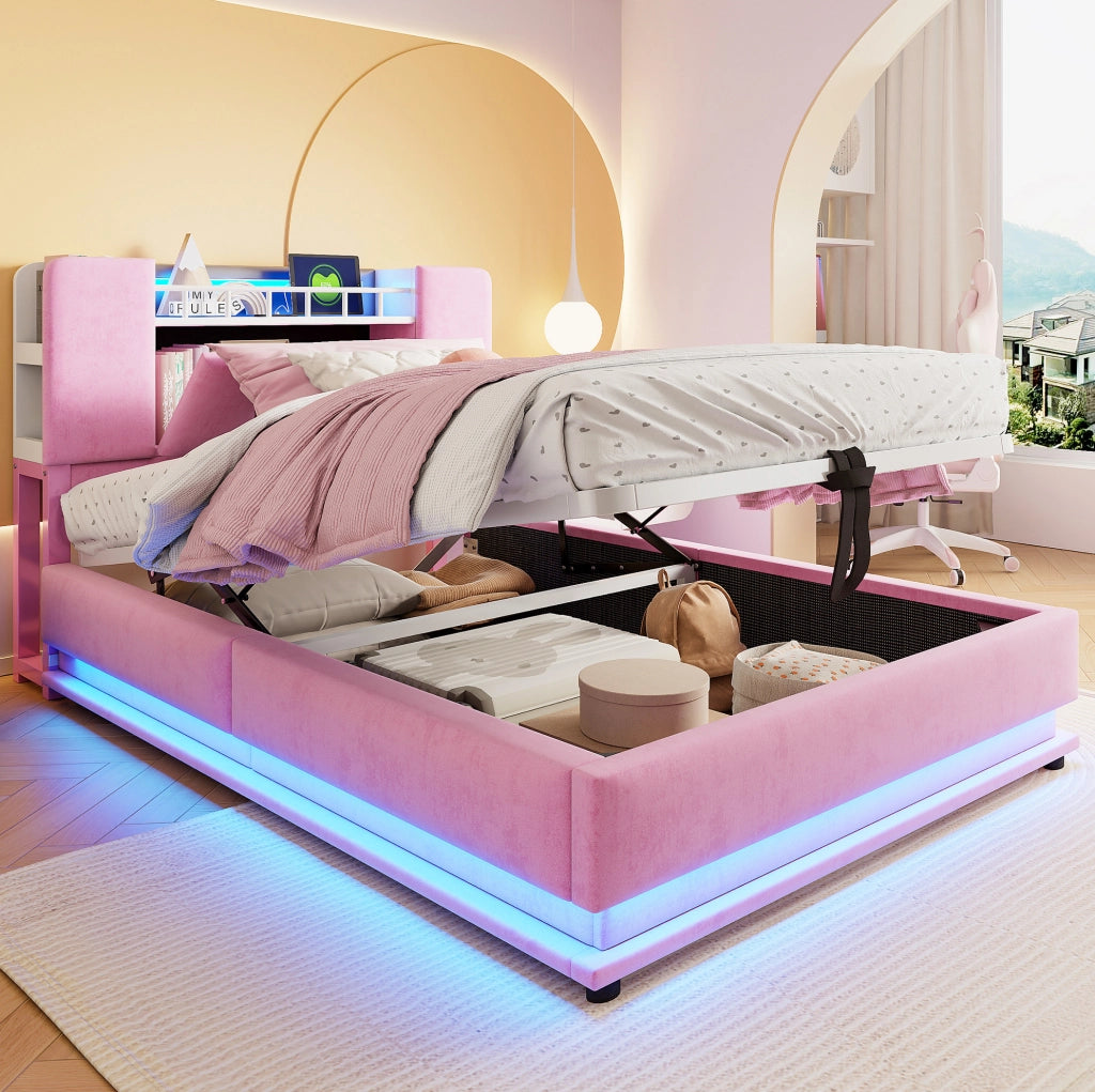 Letto imbottito per bambini con LED, USB e contenitore salvaspazio