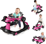 Girello per Bambini 4 in 1, Girello Pieghevole con Altezza e Velocità Regolabili, Carillon con Luci, Volante e Sedile, Primi Passi per Bambini 6-18 Mesi, Portata 15 kg (Rosa Scruro)