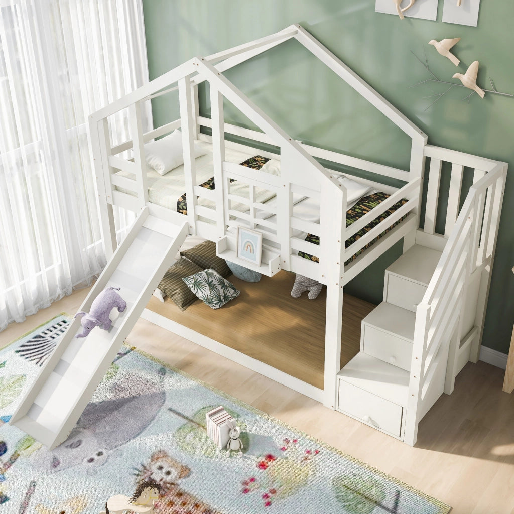 Letto a castello per bambini 90x200 cm con scivolo bianco