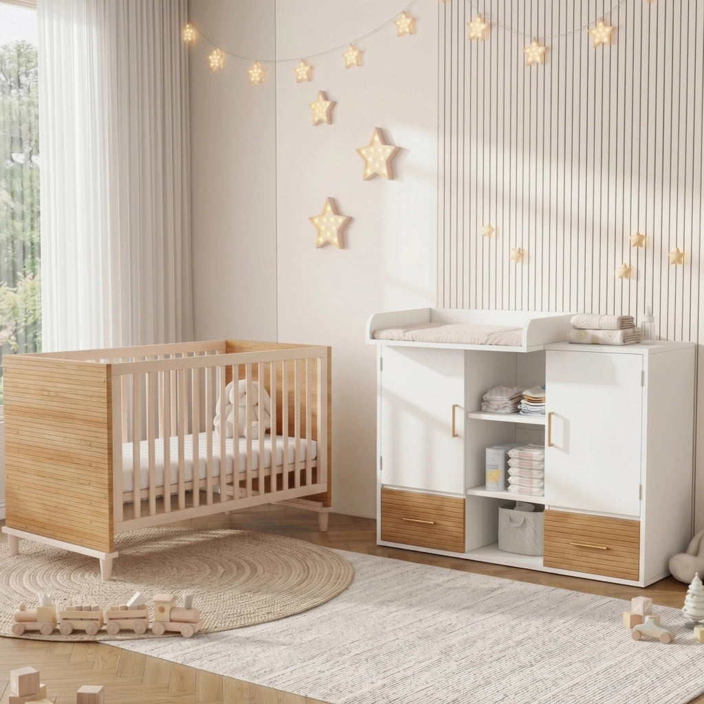 Camera completa con fasciatoio e lettino con sponde per cameretta, in legno massello e MDF naturale e bianco