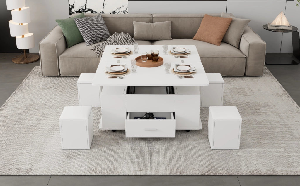 TAVOLO da caffè sollevabile 100 x 50 cm bianco con 4 sgabelli