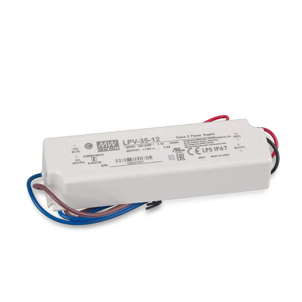 Alimentatore Mean Well LPV-35-12 LED IP67 a tensione costante 36W uscita 12Vdc 3A