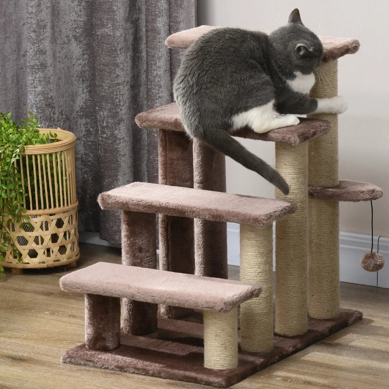 Scala per gatti con tiragraffi a 4 livelli in legno marrone 60 × 40 × 64 cm con pallina, fino a 5 kg