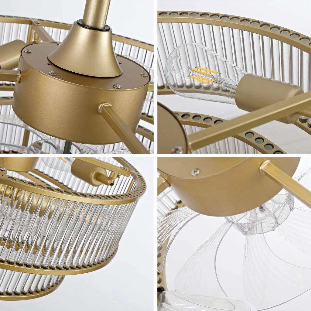 Ventilatore da soffitto con illuminazione 4 attacchi E26. 6 velocità; app Bluetooth e telecomando oro