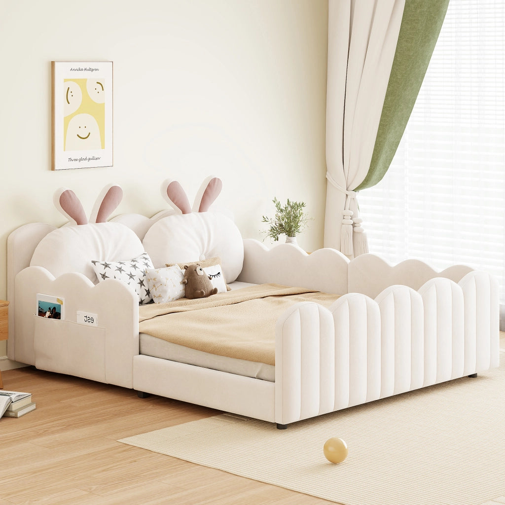 Letto per Bambini 140x200 cm, con Cuscino a Orecchie di Coniglio e Sponde - Beige