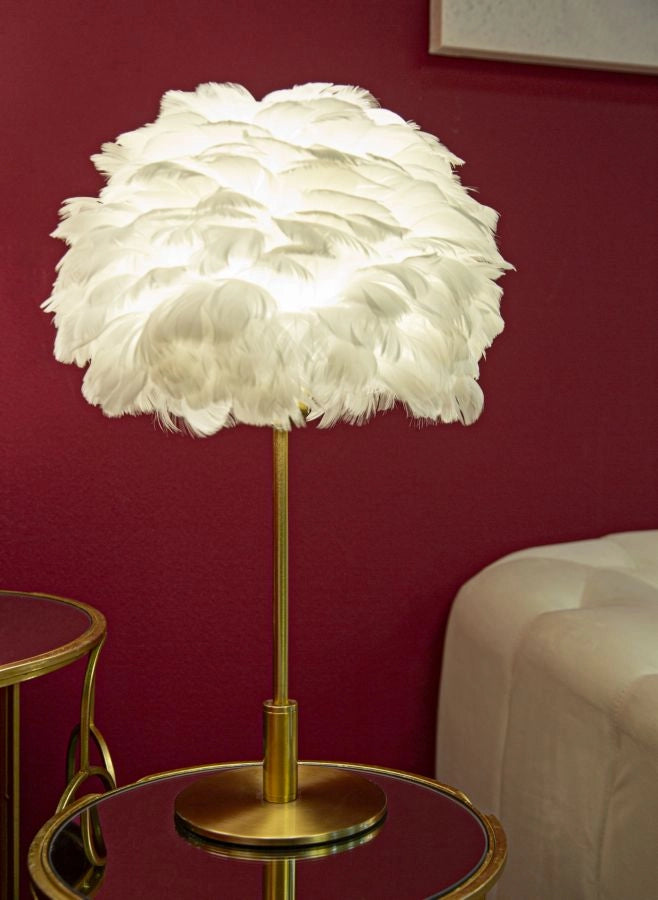 Lampada da Tavolo Ball Feather Ø30x50 cm in Ferro e Plastica Oro e Bianco