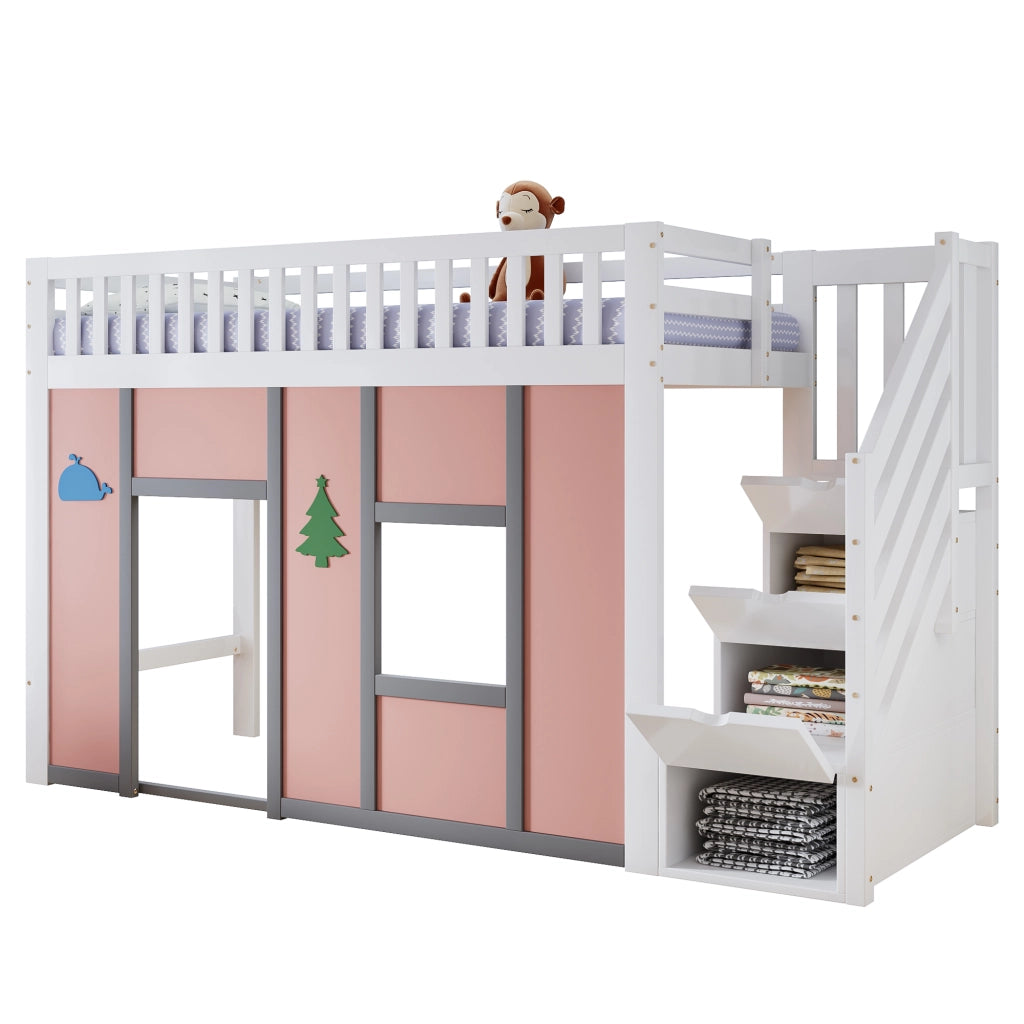 Letto a soppalco basso 90x200 cm bianco e rosa con scala contenitore; LED e spazio gioco