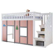 Letto a soppalco basso 90x200 cm bianco e rosa con scala contenitore; LED e spazio gioco