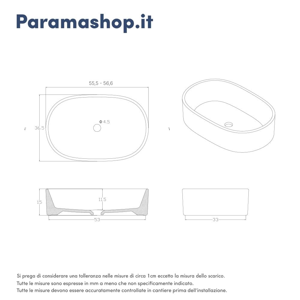 Lavabo da appoggio ovale 55,5/56,5x36,5x15 cm Bianco