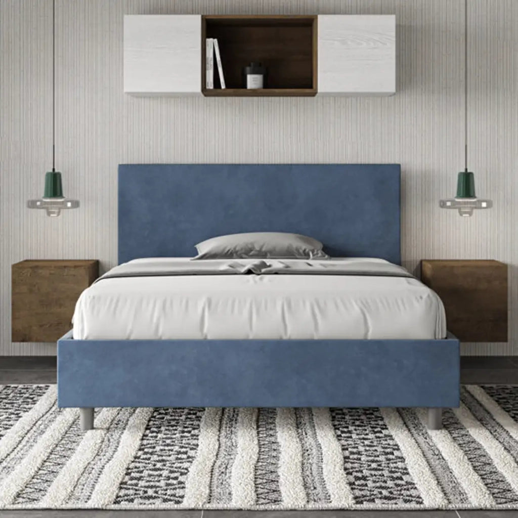 Letto matrimoniale francese senza rete imbottito 140x200 microfibra blu Adele