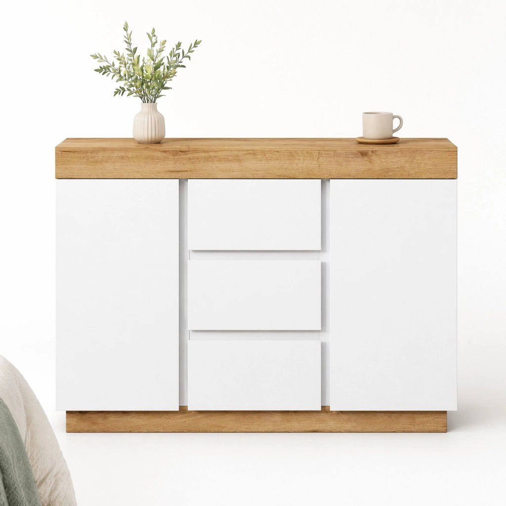 Cassettiera con 3 cassetti e 2 ante; bianco e rovere