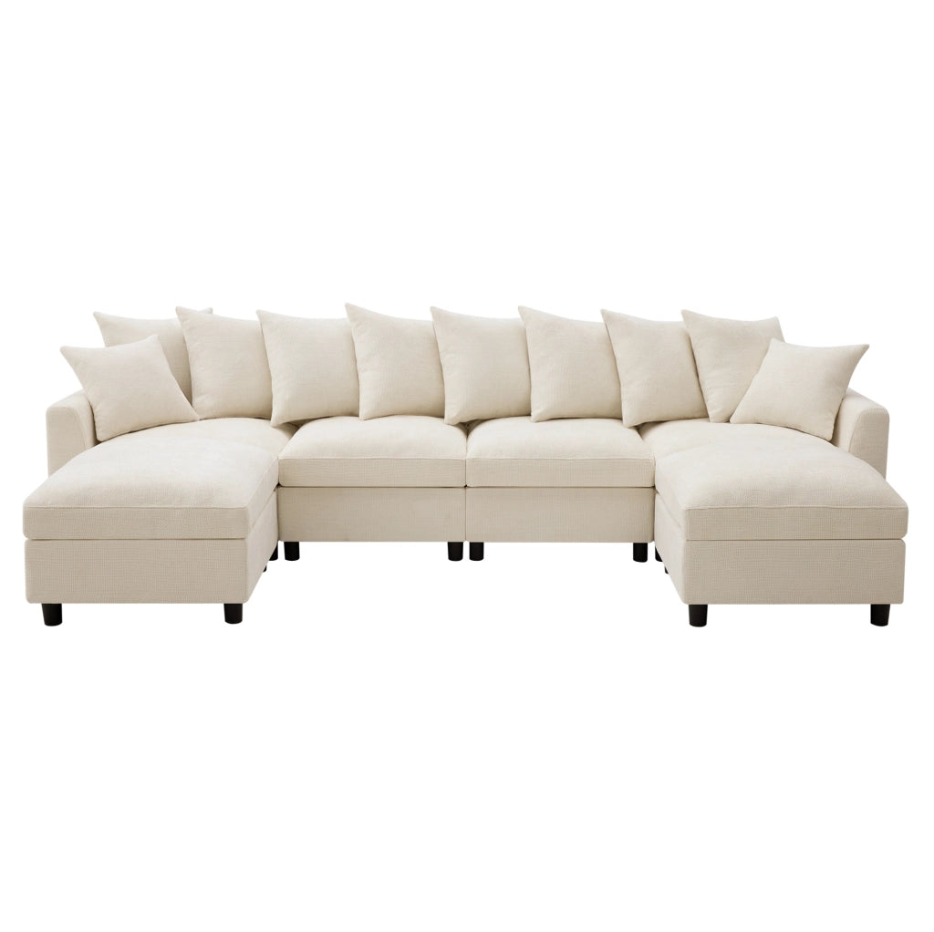 Divano angolare modulare 6 posti a U/L con 2 pouf, porte USB e Type-C, chenille beige