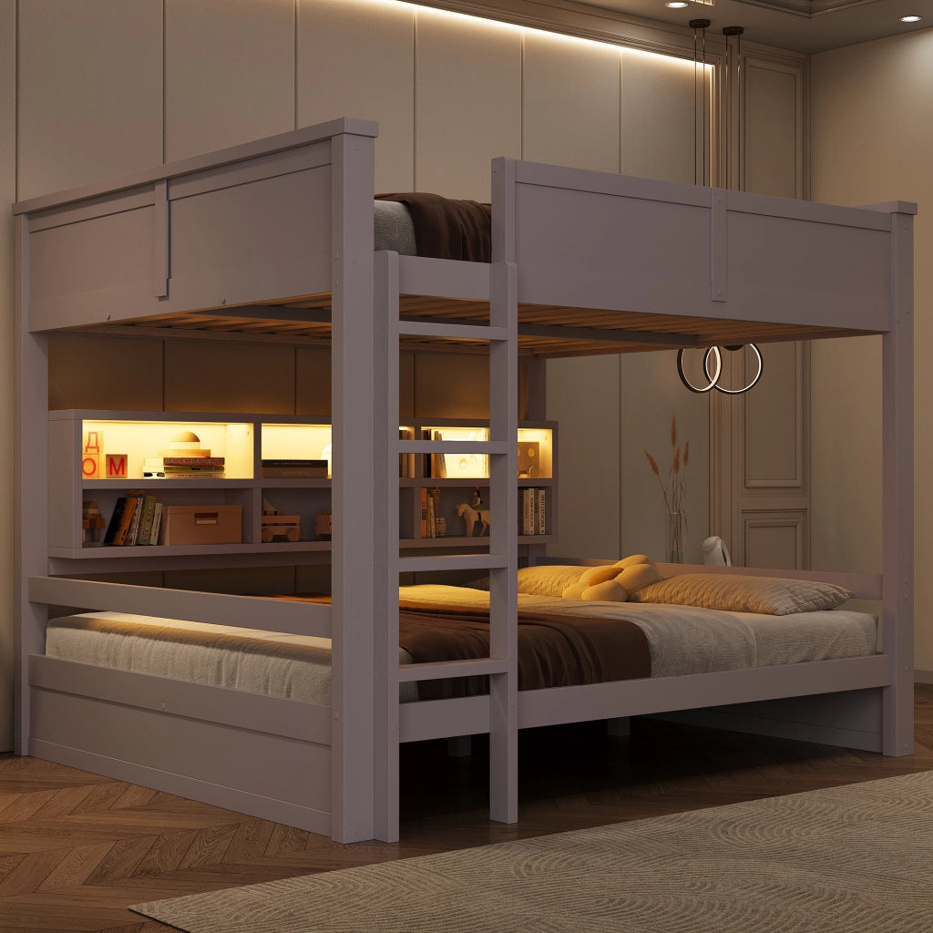 Letto a castello 160x200 cm con armadi contenitore e luce LED, Marrone