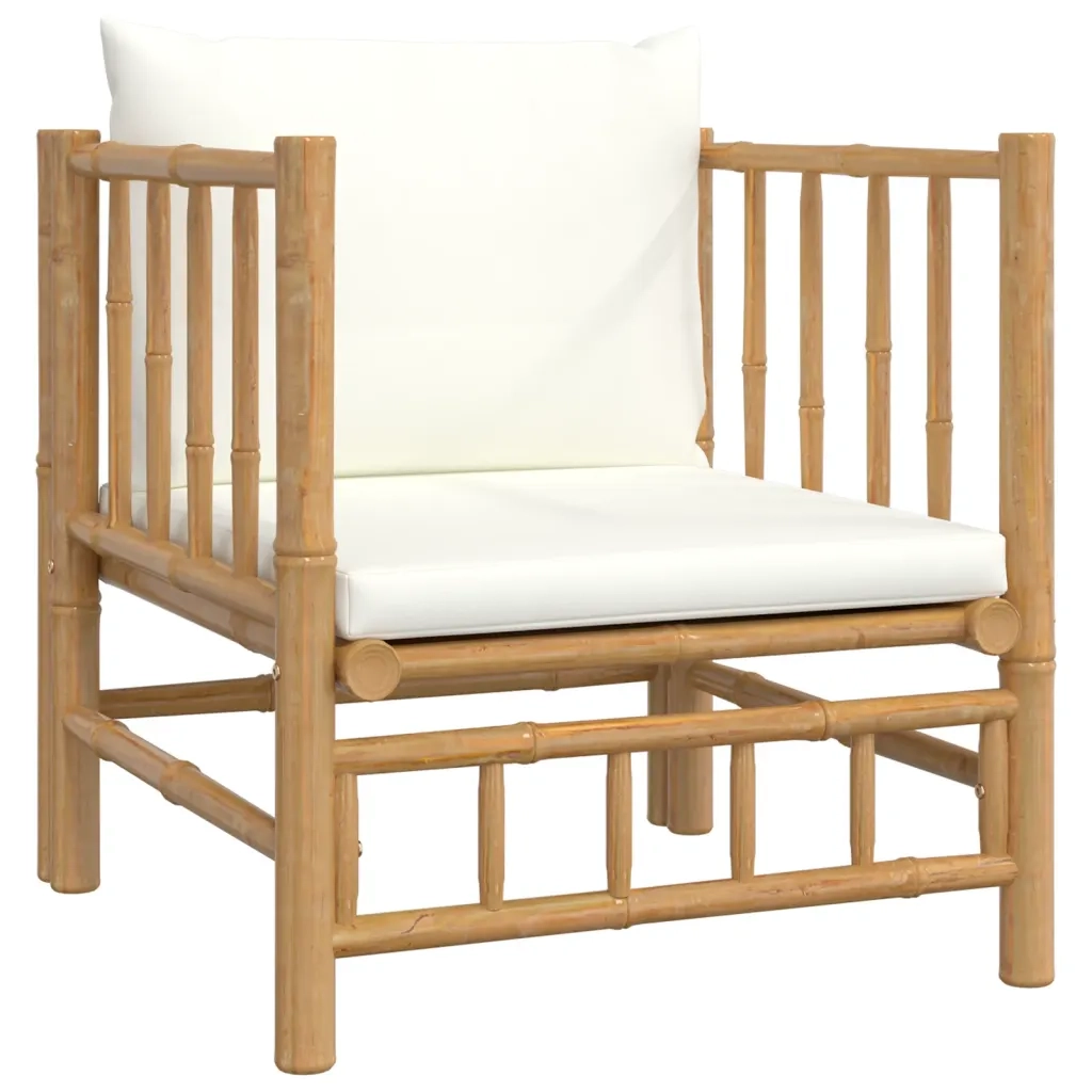Set Salotto da Giardino 5pz con Cuscini Bianco Crema in Bambù 3155185