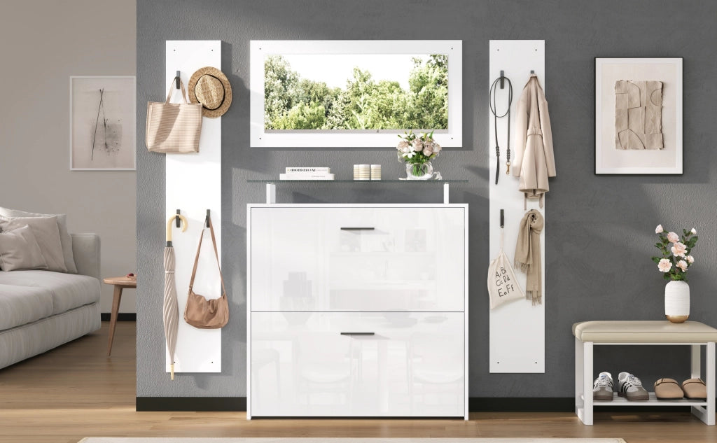 Set Mobili Ingresso 4 Pezzi Scarpiera Bianco Lucido Specchio e Appendiabiti