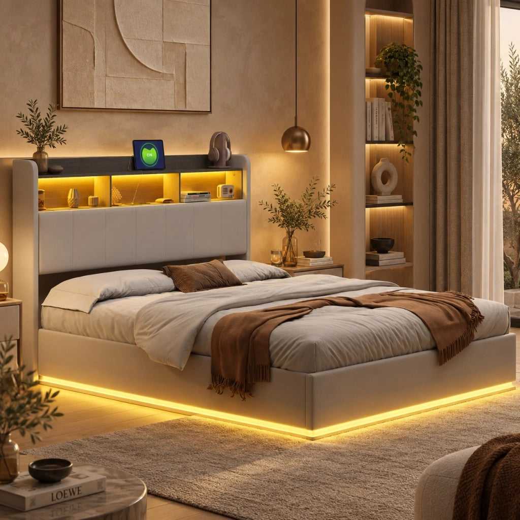 Letto Imbottito 140x200 cm;Letto Matrimoniale con Contenitore idraulico e Rete a doghe;testiera LED e USB con vano contenitore;Velluto;Beige