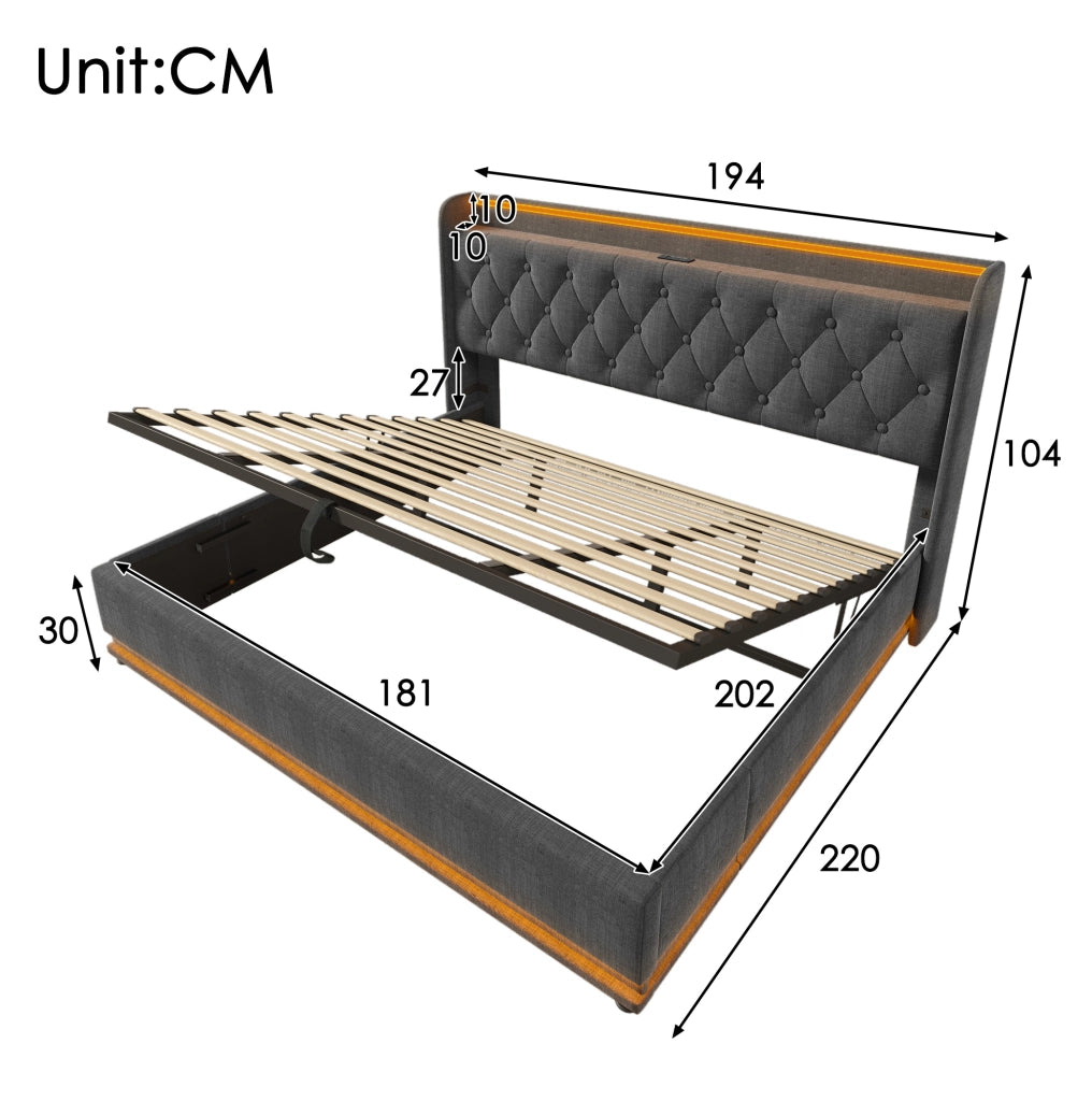 LETTO Contenitore 180x200 cm in lino grigio con LED, USB e Tipo C